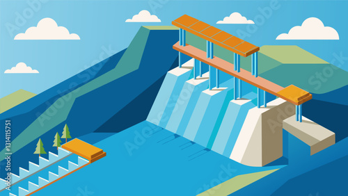 From above the dam appears as a giant staircase with each level channeling water towards the final destination of electricity production.. Vector illustration