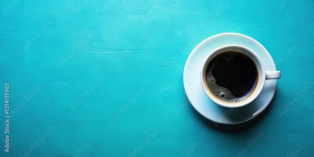 Fototapeta premium Close-up view: a vintage coffee cup, brimming with black coffee, sits against a blue backdrop. Retro style.