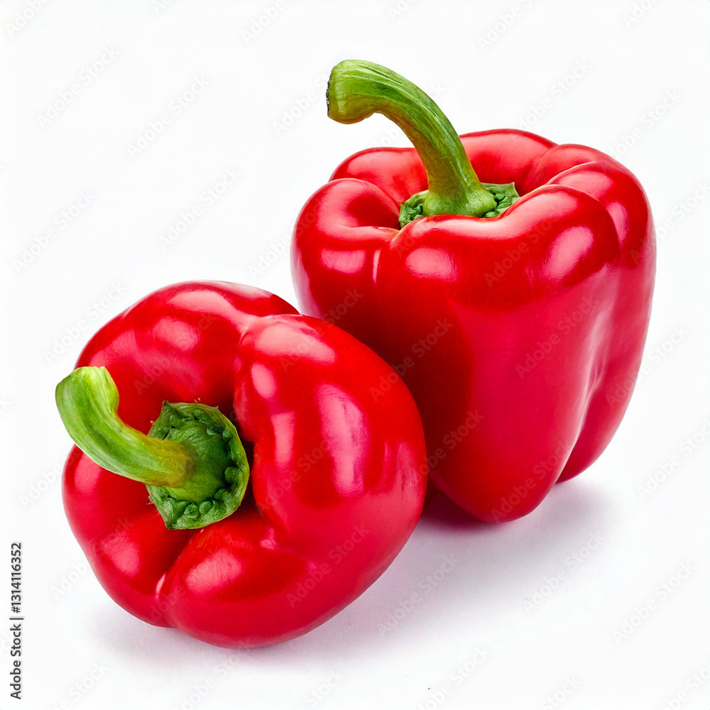 Bright red organic bell peppers isolated on white background