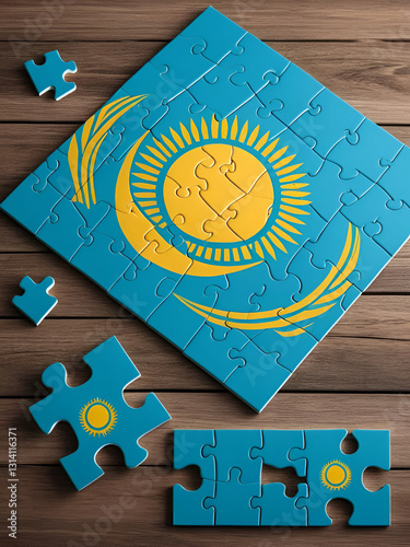 Kazakhstan flag  is depicted on a folded puzzle