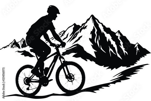 A man on a bike is riding down a hill with mountains in the background