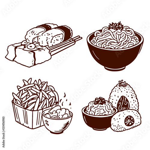 Vintage vector hand drawn Japanese food sketch Illustrations set. Retro style. Sushi bar menu.
