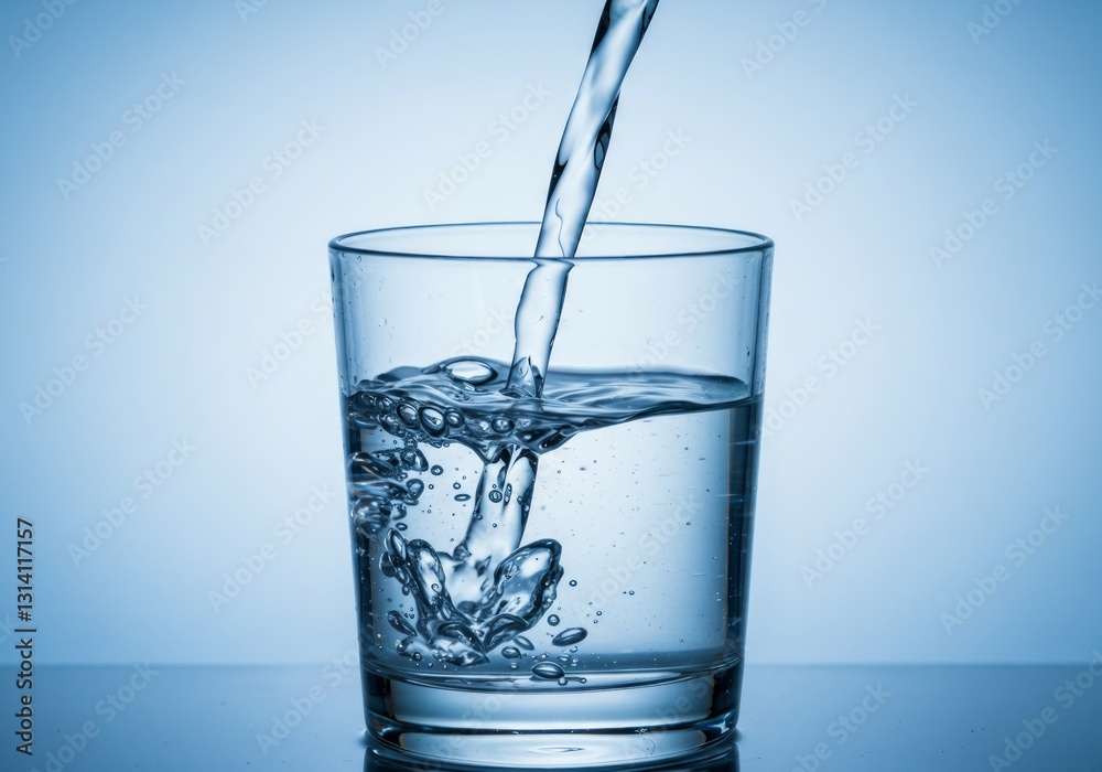 Clear glass being filled with water. Bubbles, ripples, light blue background. Clear glass being filled with water. Bubbles, ripples, light blue background.