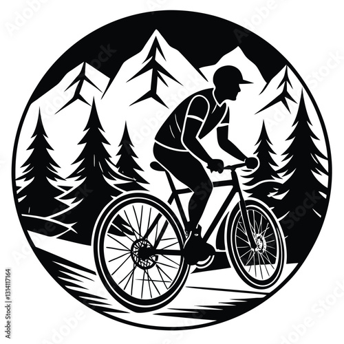 A man on a bike is riding down a hill with mountains in the background