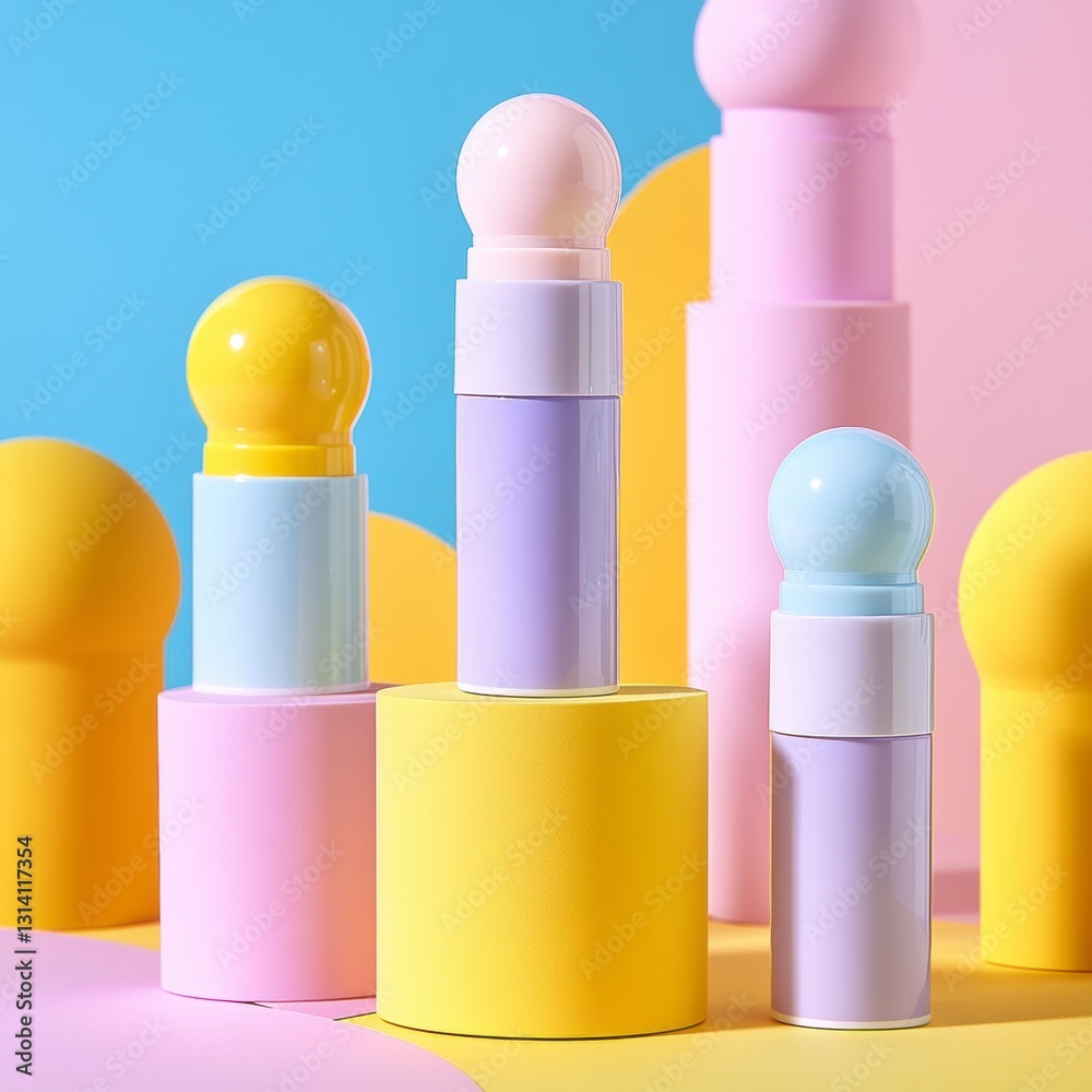 Step into a world where skincare meets modern artistry, a vibrant tableau showcasing cosmetic tubes perched on geometric forms Soft pastel hues dance across the scene, evoking feelings of serenity Step into a world where skincare meets modern artistry, a vibrant tableau showcasing cosmetic tubes perched on geometric forms Soft pastel hues dance across the scene, evoking feelings of serenity