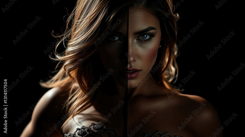 Fototapeta premium High-Contrast Portrait of a Woman With Split Lighting
