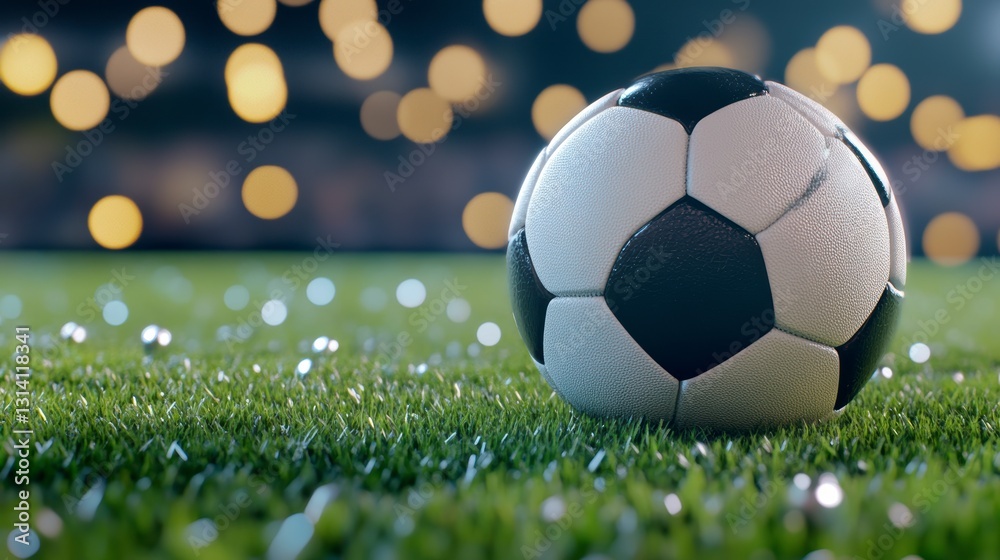 Fototapeta premium The football is positioned on the lush green field, waiting for the game to begin The soft, inviting grass is freshly cut, beckoning for skilled players to step onto its surface A spotlight casts a