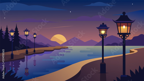 As dusk settles in the gas lamps along the riverbank begin to flicker on casting a serene and peaceful aura over the water.. Vector illustration