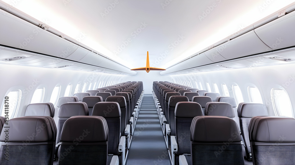 Fototapeta premium Bright White And Blue Modern Airplane Cabin Interior With Empty Grey Seats And Aisle Perspective View 3D Render