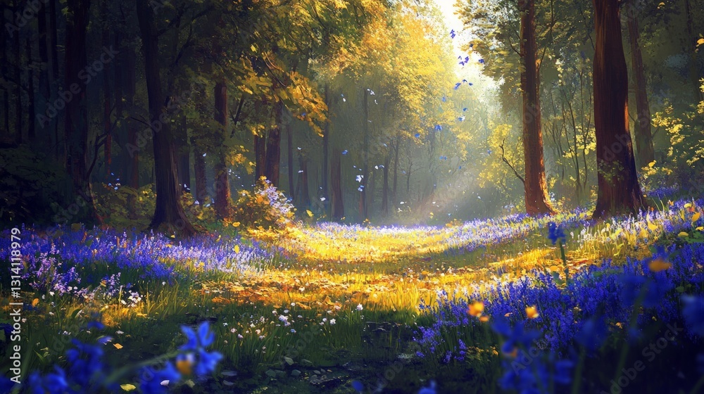 Sunlit Forest Path Covered in Bluebells and Wildflowers in Spring Sunlit Forest Path Covered in Bluebells and Wildflowers in Spring