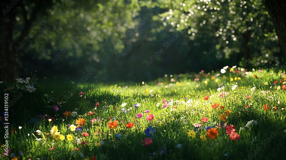 Sunlit meadow with colorful wildflowers and green grass. Sunlit meadow with colorful wildflowers and green grass.