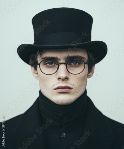Young man in vintage attire with a top hat and glasses, conveying a classic and sophisticated mood