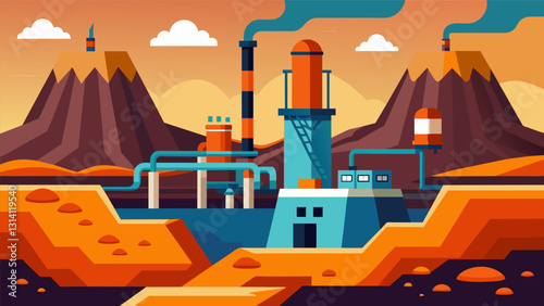 An industrial site filled with towering geothermal pumps extracting energy from deep within the Earths crust.. Vector illustration