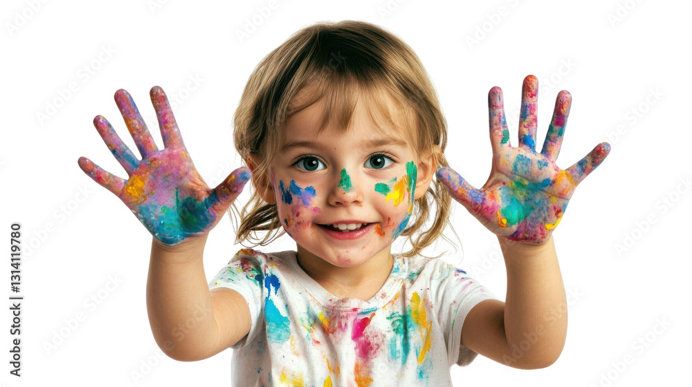 happy toddler girl with colorful paint on hands and face on transparent background happy toddler girl with colorful paint on hands and face on transparent background