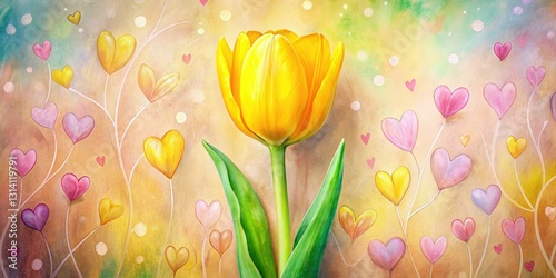 Delicate watercolor yellow tulip, playfully adorned with pink hearts, composes a vibrant rule-of-thirds scene.