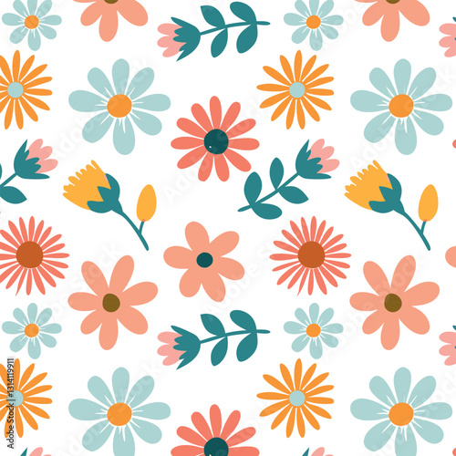 Pattern of seamless bouquet flowers. Vintage Groovy style.Style for banners, wallpaper, posters, websites, online shopping.