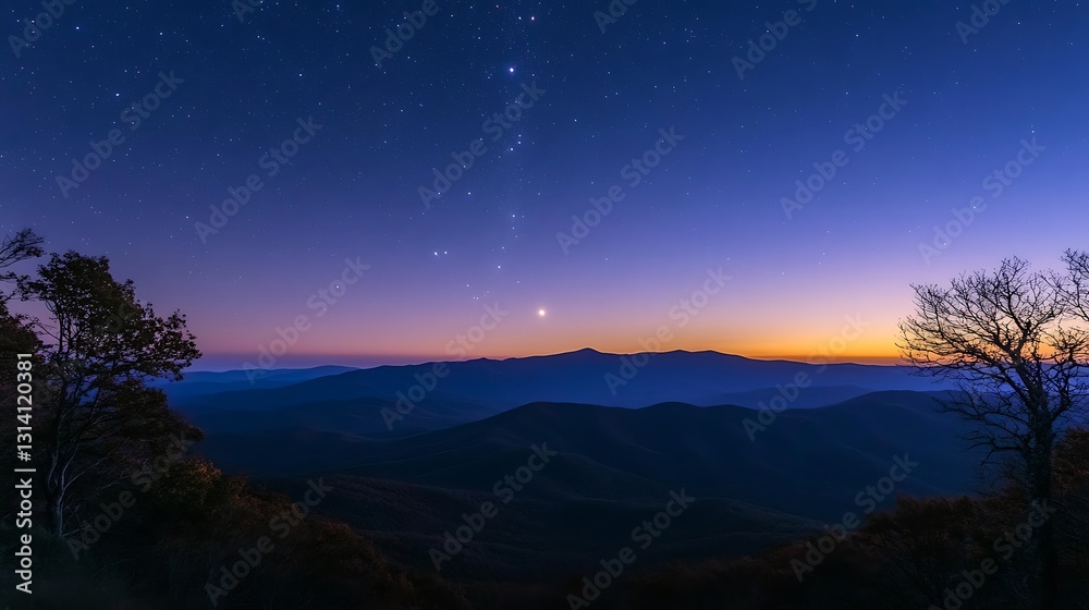 Starry night sky over majestic mountain range at sunset. Starry night sky over majestic mountain range at sunset.