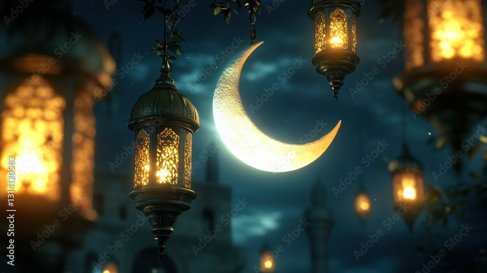 Obraz premium Illuminated lanterns hang near a glowing crescent moon in the night