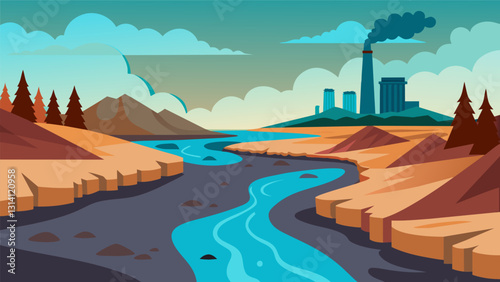 The once crystalclear river now murky and polluted due to the wastewater being released from the nearby coalfired power plant.. Vector illustration