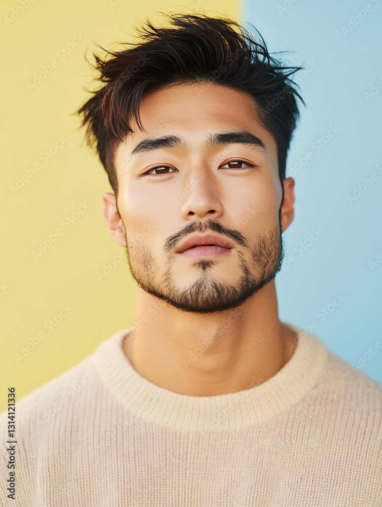 Fototapeta premium Cool Asian Man in Beige Sweater with Tousled Hair and Beard