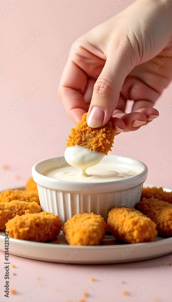 A close-up food photography showcasing a hand dipping a crispy chicken nugget into rich, red ketchup, capturing the perfect moment of indulgence and flavor.