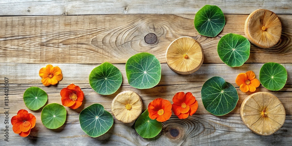 Bird's-Eye View: Nasturtium Rounds on Rustic Wood - Modern Flat Lay Bird's-Eye View: Nasturtium Rounds on Rustic Wood - Modern Flat Lay