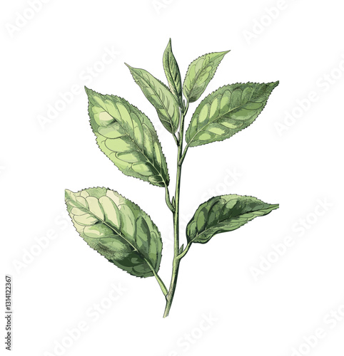 Tea Leaf vector, botanical illustration, isolated on transparent background, vintage style, herbal plant, organic tea, hand-drawn leaf, nature design, eco-friendly, green leaf
