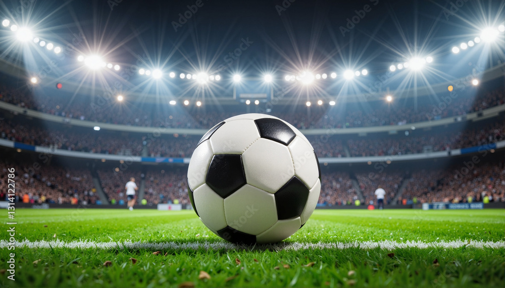 Fototapeta premium Ball rolling across stadium field under bright lights, sports excitement