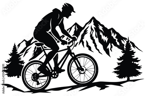 A mountain Rider ride the bike on mountain vector silhouette