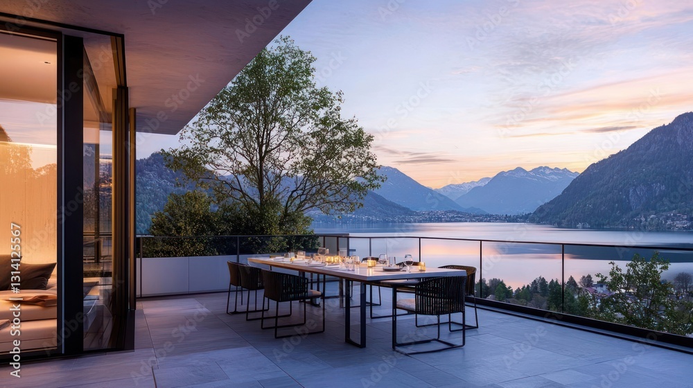 Fototapeta premium Sunset View Over Lake and Mountains with Illuminated Dining Table on Balcony at Evening