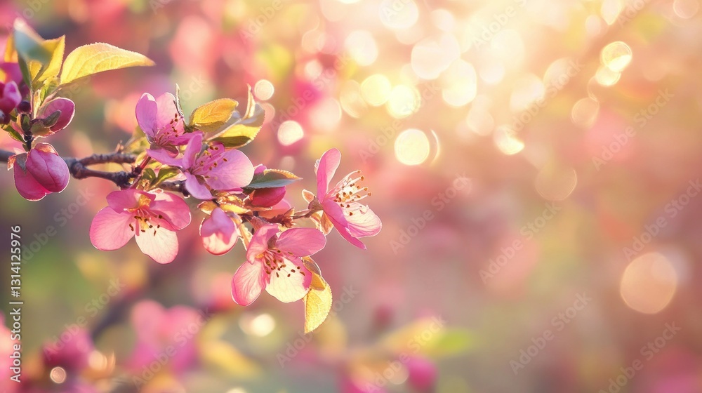 Branch with pink blossoms illuminated by soft sunlight in springtime Branch with pink blossoms illuminated by soft sunlight in springtime