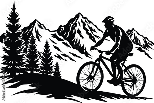 A vector silhouette of an adult man mountain biking in a mountain setting
