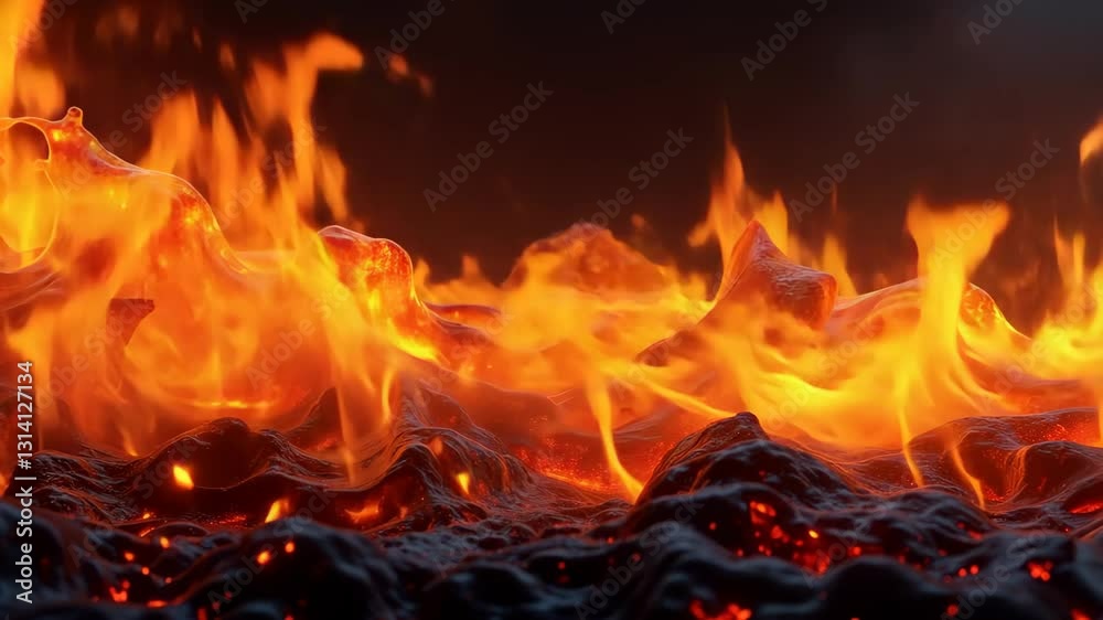 Molten fire wave rising on a dark orange field with flames, lava flowing on terrain, concept of power, energy Molten fire wave rising on a dark orange field with flames, lava flowing on terrain, concept of power, energy