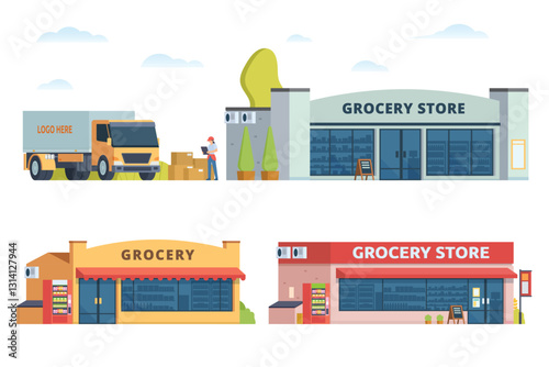 Grocery store building bundle vector illustration. Shop & market in flat style, Fully editable elements	
