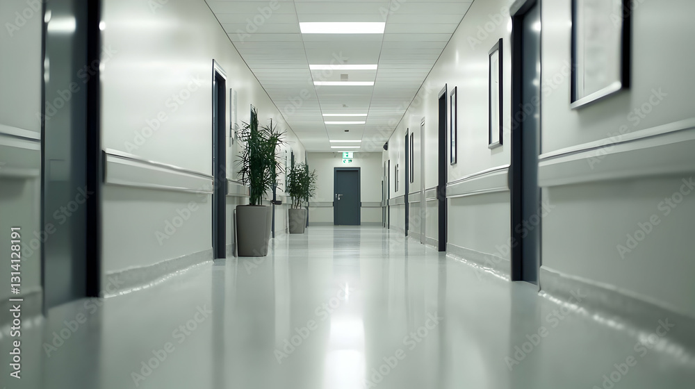 Long Bright Empty Hospital Hallway With White Walls Gray Floor and Potted Plants Long Bright Empty Hospital Hallway With White Walls Gray Floor and Potted Plants