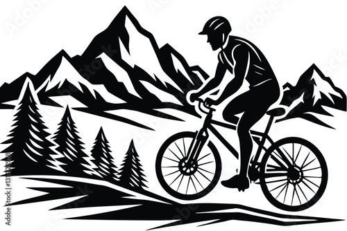A vector silhouette of an adult man mountain biking in a mountain setting