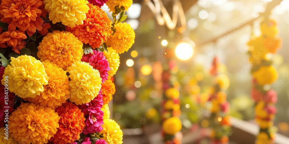 Vibrant marigold garlands twist rhythmically across a gradient transitioning from deep ochre to soft cream, celebrating cultural festivals like Diwali; Vibrant marigold garlands twist rhythmically across a gradient transitioning from deep ochre to soft cream, celebrating cultural festivals like Diwali;