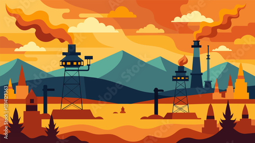 The landscape of the oil fields is dotted with flaring gas sites a reminder that even in a seemingly endless supply of resources waste still occurs.. Vector illustration