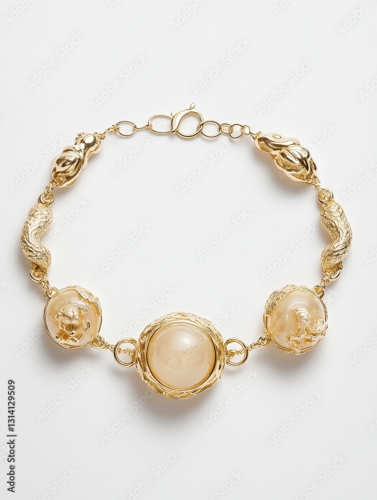 Elegant Gold Bracelet with Ornate Design and Unique Cream Beads Elegant Gold Bracelet with Ornate Design and Unique Cream Beads
