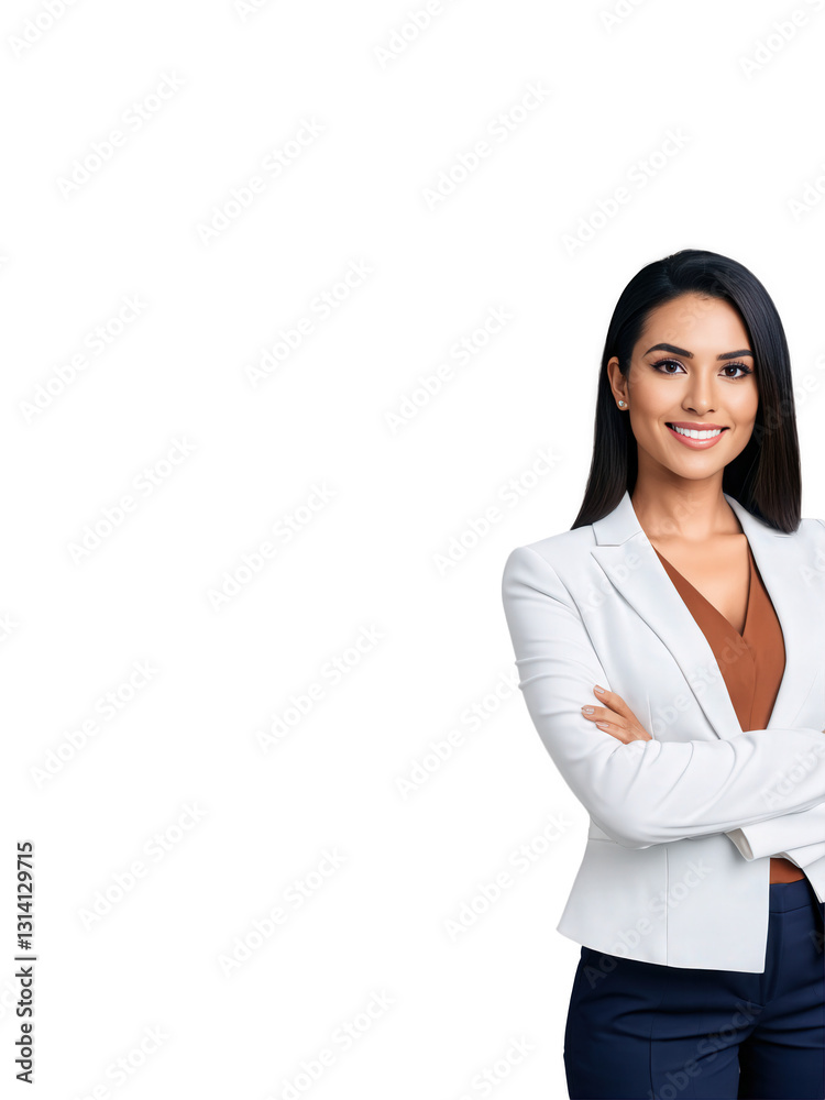 A confident Hispanic woman with medium-length straight hair, wearing a dark blazer and white blouse. Her friendly smile and professional A confident Hispanic woman with medium-length straight hair, wearing a dark blazer and white blouse. Her friendly smile and professional