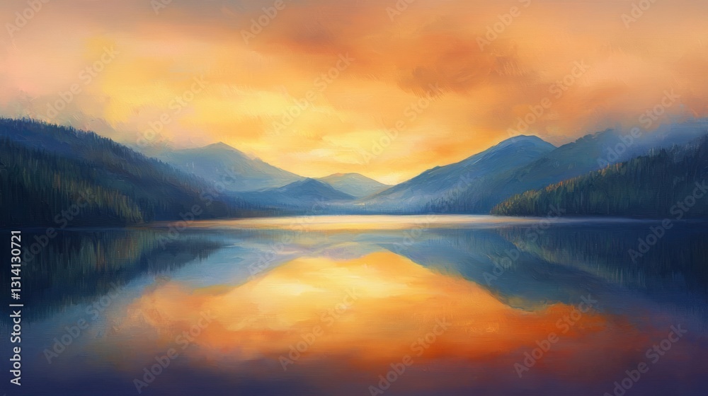 Serene sunset reflecting on a calm lake surrounded by majestic mountains. Serene sunset reflecting on a calm lake surrounded by majestic mountains.