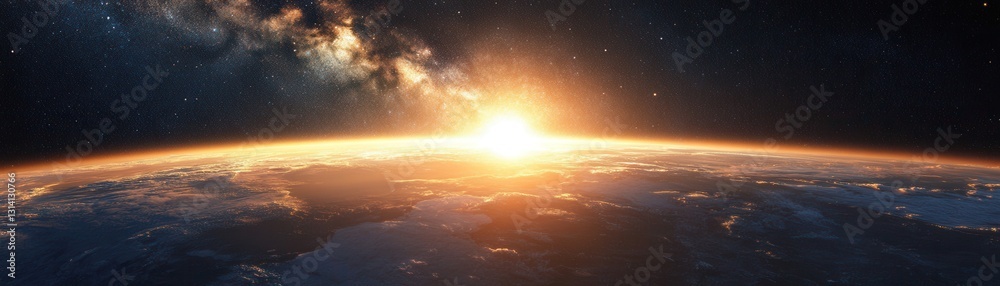 Fototapeta premium A breathtaking aerial view of Earth, showcasing vibrant blue oceans and green landmasses, as a brilliant sun rises on the horizon, casting warm golden rays across the planet's surface.