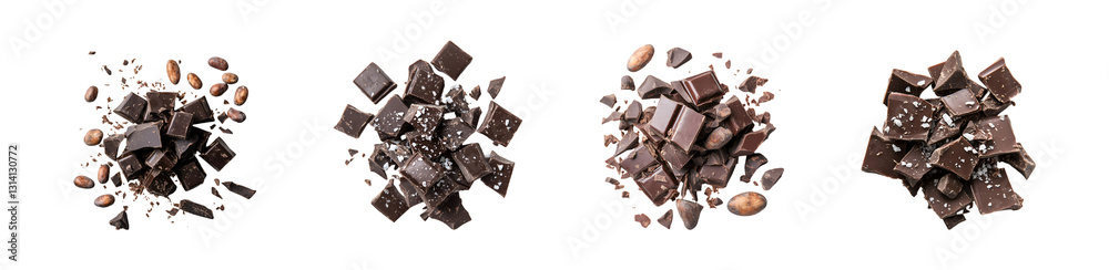 Dark chocolate pieces with cocoa beans isolated on a transparent background Dark chocolate pieces with cocoa beans isolated on a transparent background