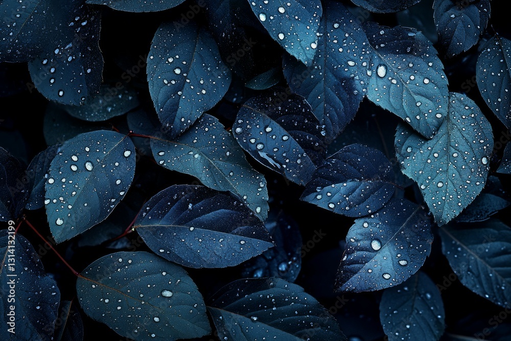 Obraz premium Close-up of dew-studded leaves in moody blue tones. AI image