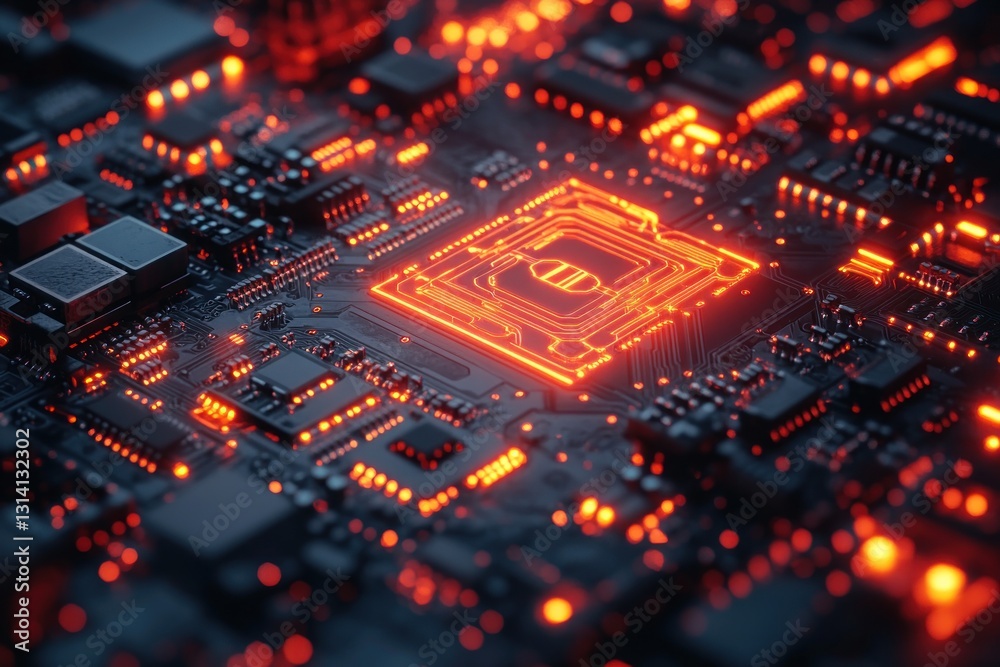 Illuminated CPU on circuit board, glowing red Illuminated CPU on circuit board, glowing red