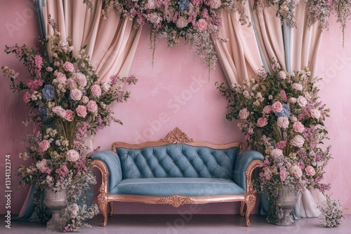 Elegant sofa amidst luxurious floral decor in pastel pink. AI image