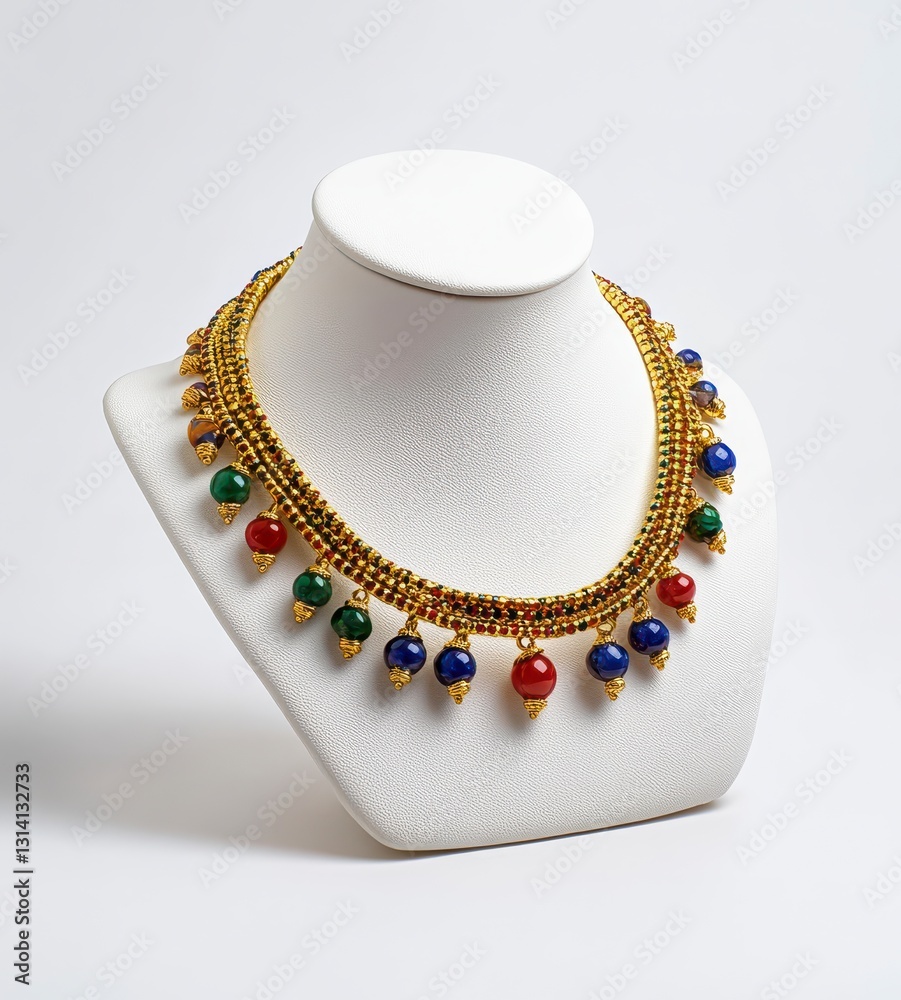 Elegant Gold Necklace with Colorful Beads Displayed on Stand Elegant Gold Necklace with Colorful Beads Displayed on Stand