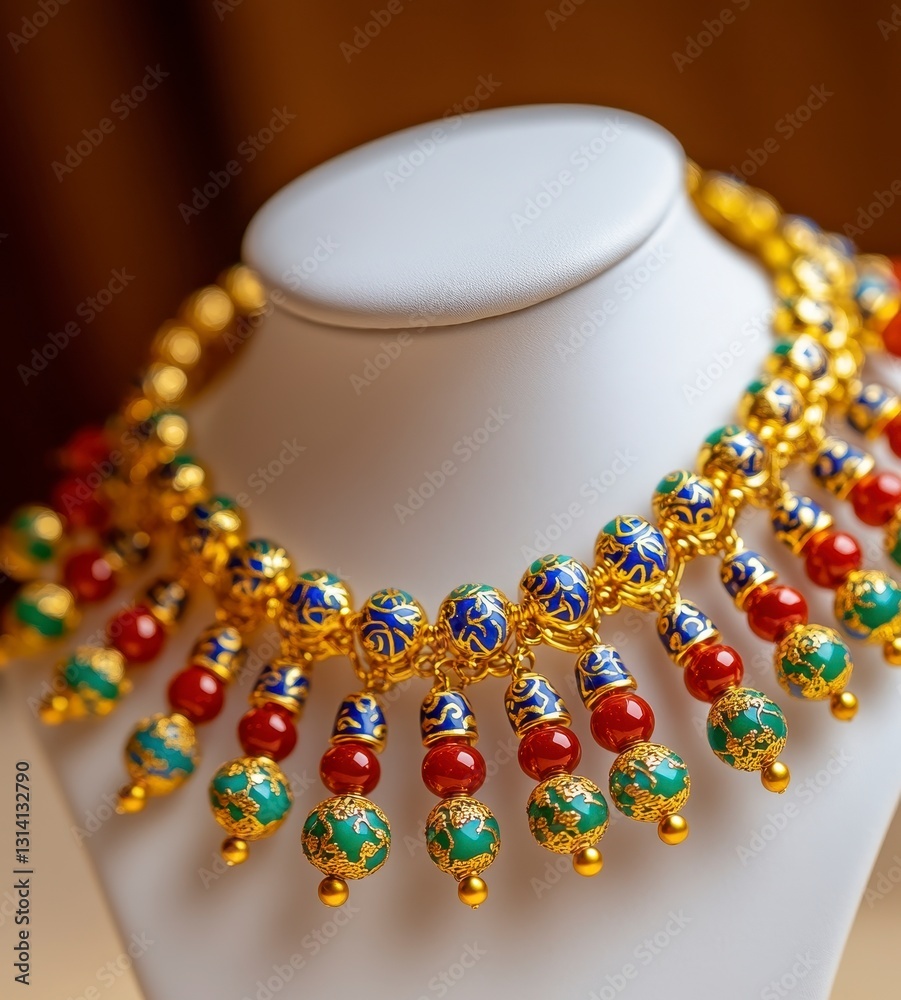 Elegant Gold and Colorful Beaded Necklace Displayed on Stand Elegant Gold and Colorful Beaded Necklace Displayed on Stand