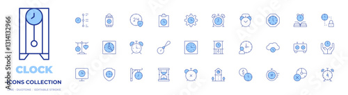 Clock icons collection. Line Duotone style, editable stroke. expired, time management, payment, balance, time, clock, tower clock, chess clock, alarm clock