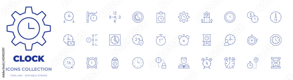 Clock icons collection. Thin Line icons, editable stroke. down time, time management, payment, time, one hour, second, timer, tower clock, clock, wall clock Clock icons collection. Thin Line icons, editable stroke. down time, time management, payment, time, one hour, second, timer, tower clock, clock, wall clock